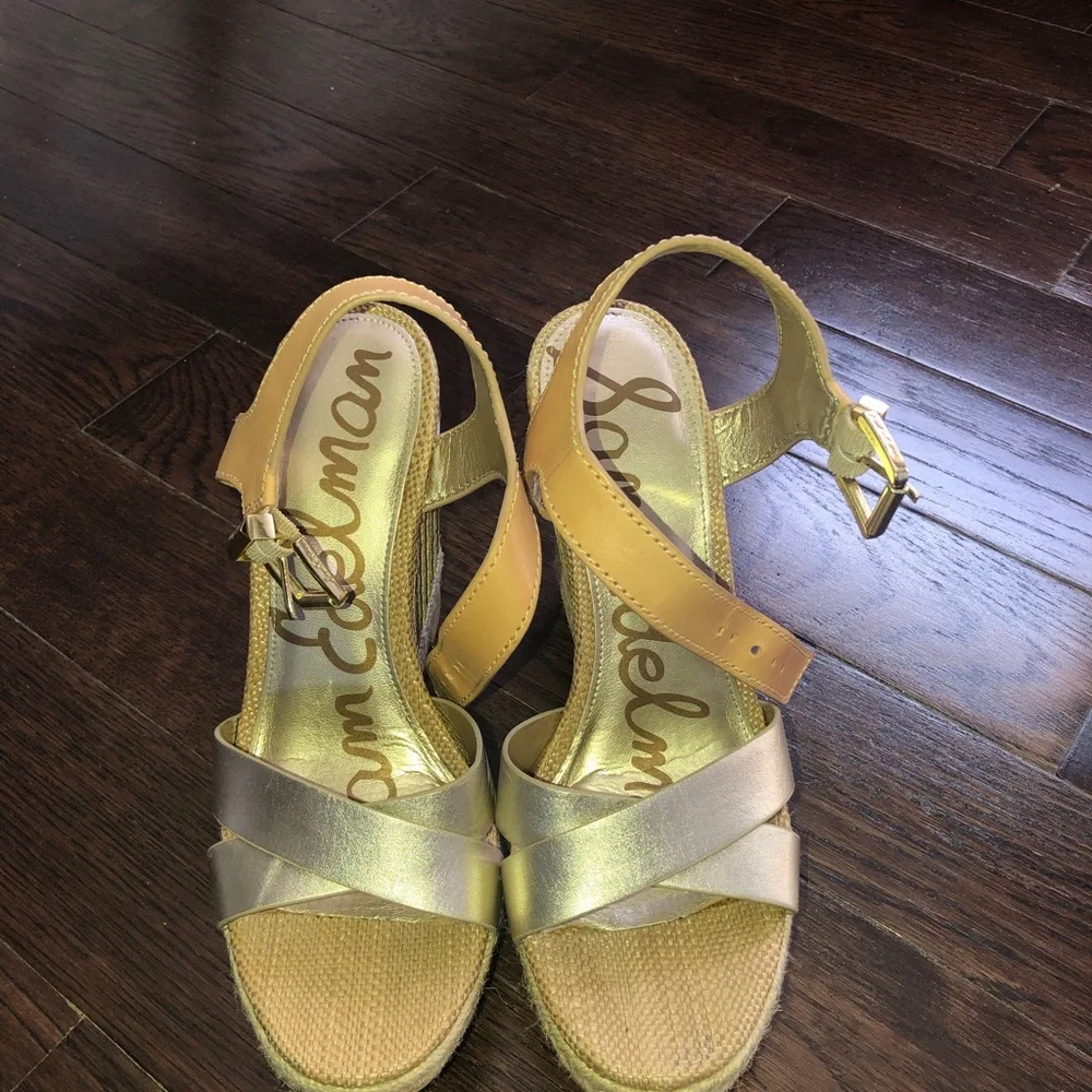 Sam Edelman Gold Metallic and Tan Espadrille Wedge Sandals